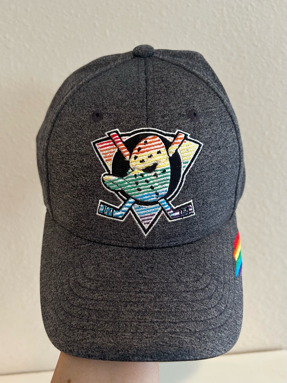 Anaheim Ducks Arena Exclusive Snap Back Hat Pride Rainbow Logo Embroidered Gray